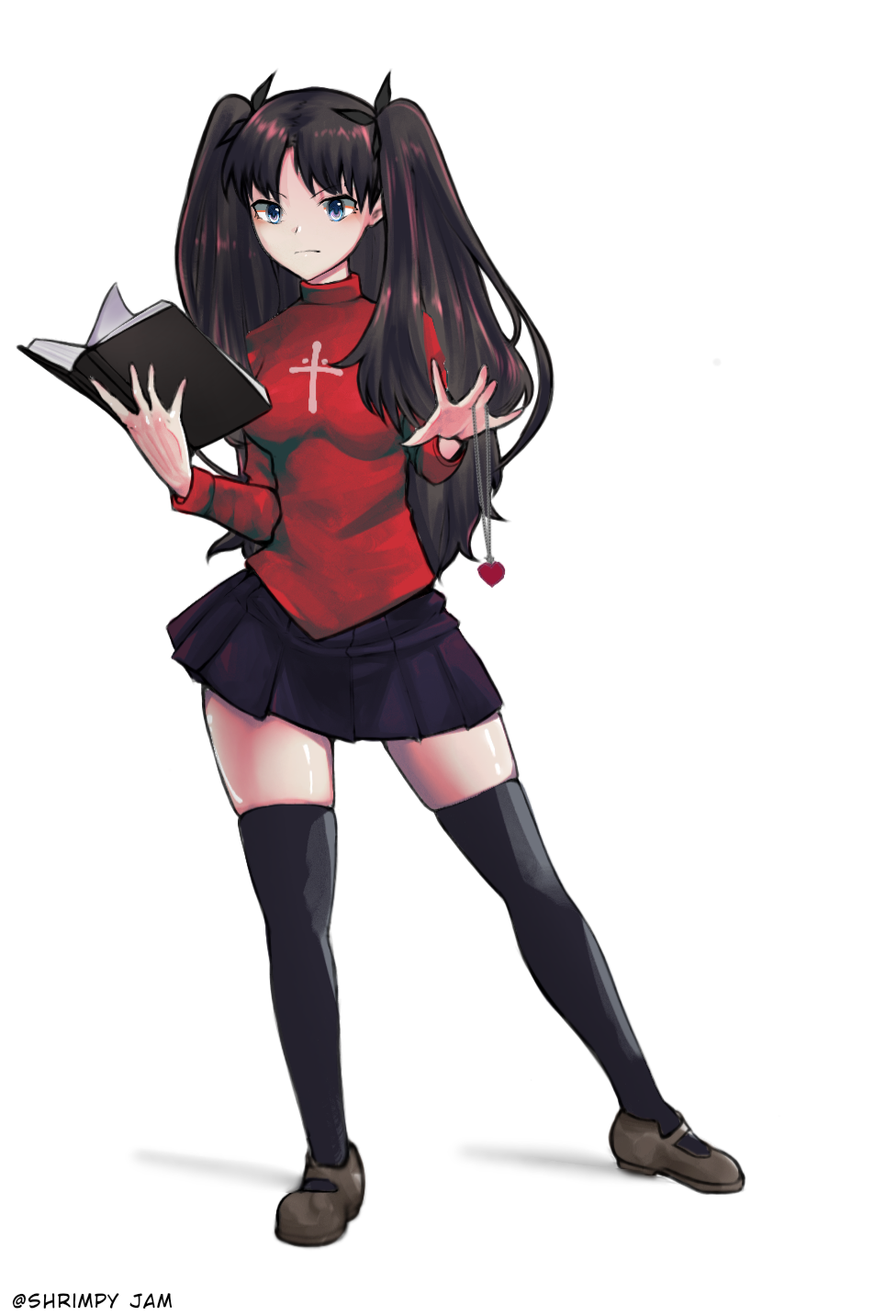 1girl, black_hair, black_skirt, black_thighhighs, blue_eyes, book, breasts, brown_footwear, closed_mouth, contrapposto, cross_print, fate/stay_night, fate_(series), full_body, hair_ribbon, highres, holding, holding_book, jamshrimpy, jewelry, long_hair, long_sleeves, looking_at_viewer, medium_breasts, miniskirt, open_hand, pendant, photo-referenced, pleated_skirt, red_shirt, ribbon, shirt, shoes, simple_background, skirt, solo, standing, thigh-highs, tohsaka_rin, turtleneck, two_side_up, very_long_hair, white_background, zettai_ryouiki