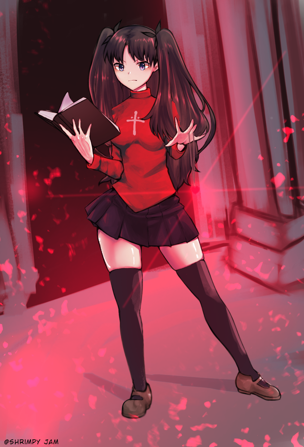 1girl, aura, black_hair, black_skirt, black_thighhighs, blue_eyes, book, breasts