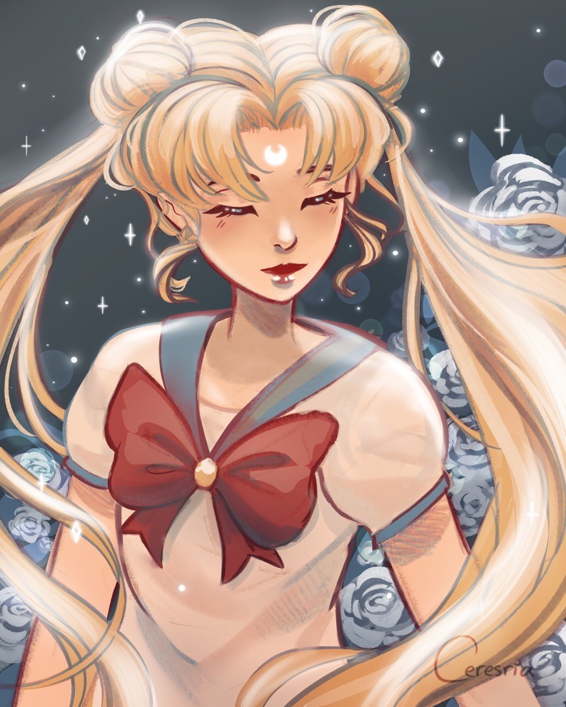 1girl, artist_name, bishoujo_senshi_sailor_moon, blonde_hair, blue_flower, blue_rose, bow, ceresria, closed_eyes, crescent, crescent_facial_mark, double_bun, eyebrows_hidden_by_hair, facial_mark, floral_background, flower, forehead_mark, hair_bun, long_hair, red_bow, red_lips, rose, signature, solo, sparkle, tsukino_usagi, twintails, underwear