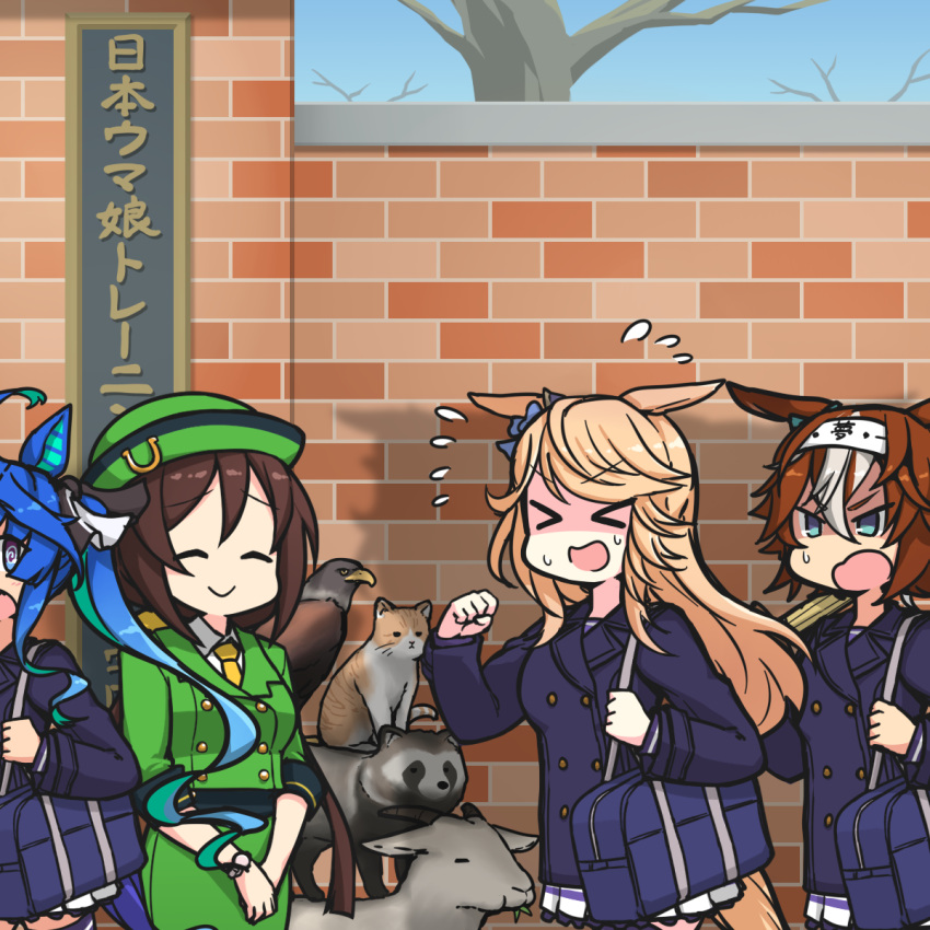 >_<, 4girls, animal_ears, arm_up, bird, blue_eyes, blue_hair, blue_jacket