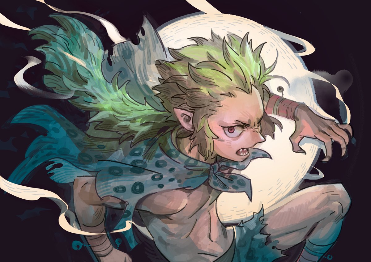 1boy, angry, animal_print, ankle_cuffs, armlet, bell, capelet, clawed_hands, claws, final_fantasy, final_fantasy_vi, full_moon, gau, green_hair, leopard_print, looking_at_viewer, male_child, male_only, messy_hair, moon, moonlight, navel, night, night_sky, pointy_ears, ponytail, prema-ja, red_eyes, sharp_teeth, shawl, shorts, sideburns, sky, solo, teeth, topless_male, wild_hair