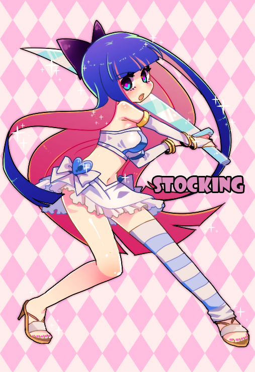 blue_eyes, blue_hair, bow, hair_bow, high_heels, long_hair, midriff, nail_polish, navel, panty_&amp;_stocking_with_garterbelt, ruru_(lamourouge), sandals, shoes, single_thighhigh, single_tighhigh, skirt, solo, stocking_(character), stocking_(psg), striped, striped_legwear, striped_thighhighs, sword, thigh-highs, thighhighs, weapon