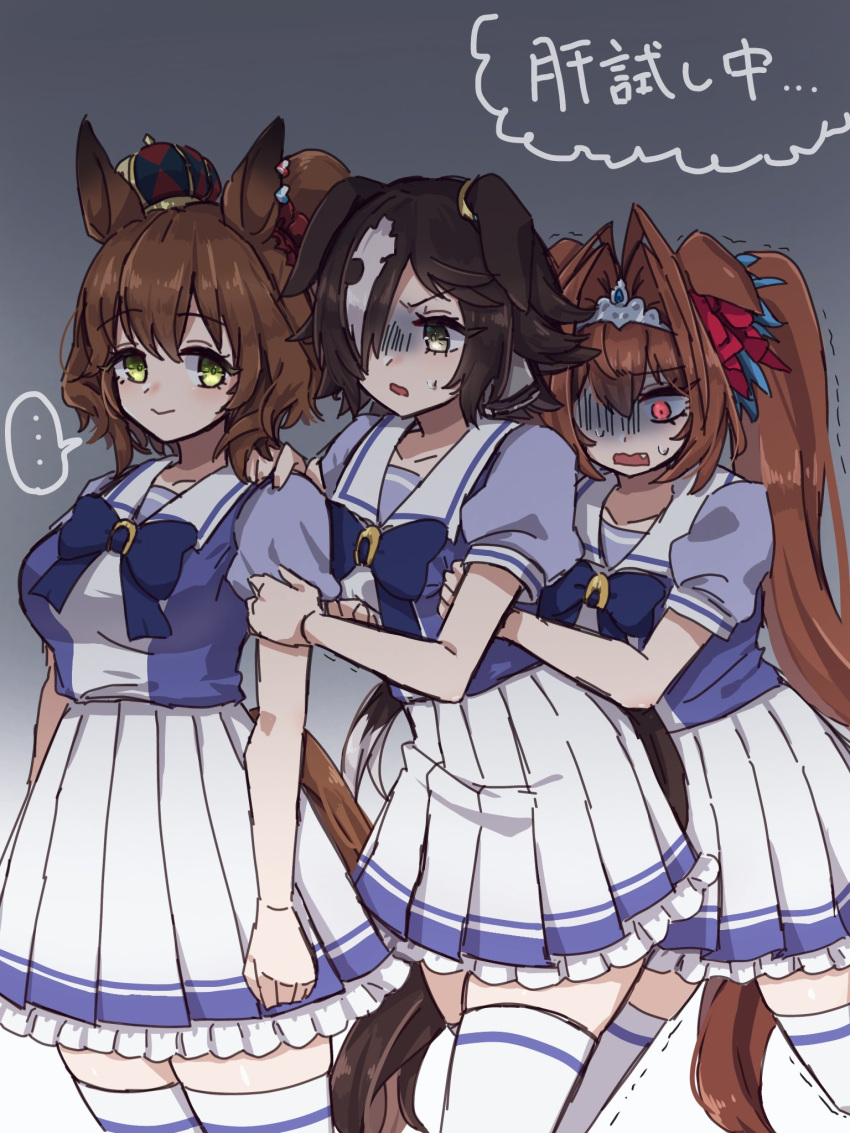 ..., 3girls, animal_ears, aston_machan_(umamusume), black_hair, breasts, brown_hair, clenched_hand