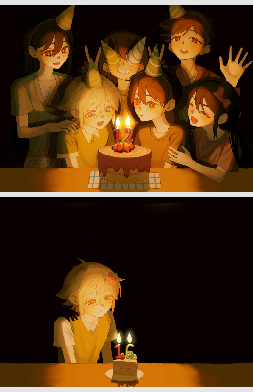 2girls, 4boys, absurdres, aubrey_(faraway)_(omori), aubrey_(omori), basil_(faraway)_(omori), basil_(omori), birthday_cake