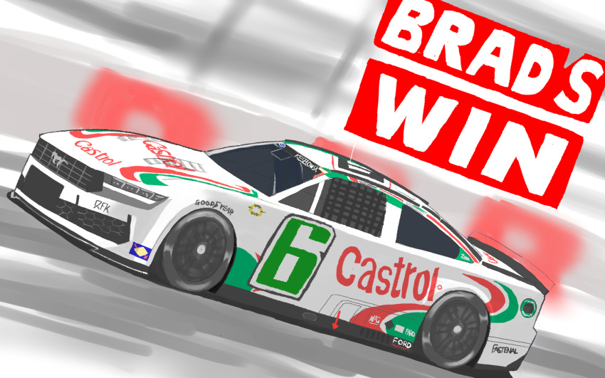 arrow_(symbol), blurry, blurry_background, brad_keselowski, car, castrol, darlington_raceway, english_commentary, ford, ford_mustang, ford_mustang_s650, from_side, goodyear, highres, motion_blur, motor_vehicle, nascar, no_humans, race_vehicle, racecar, racetrack, shadow, sponsor, super_gt, toro_(tororf4c), vehicle_focus