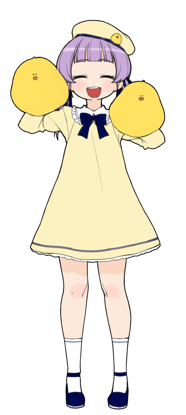 1girl, beret, bird, black_footwear, black_ribbon, blush, chick, closed_eyes