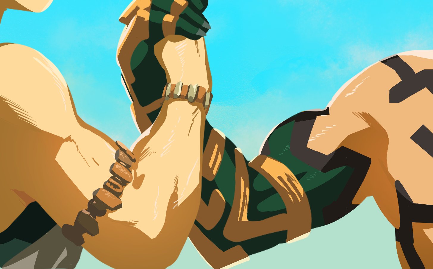 1boy, 1girl, archaic_set_(zelda), arm_tattoo, armlet, biceps, blue_background, bracelet