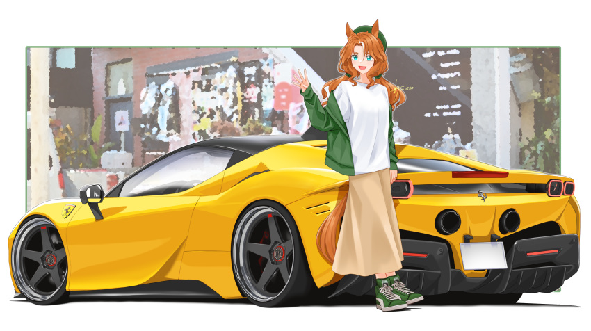 1girl, :d, absurdres, alternate_costume, animal_ears, aqua_eyes, arm_at_side, beret