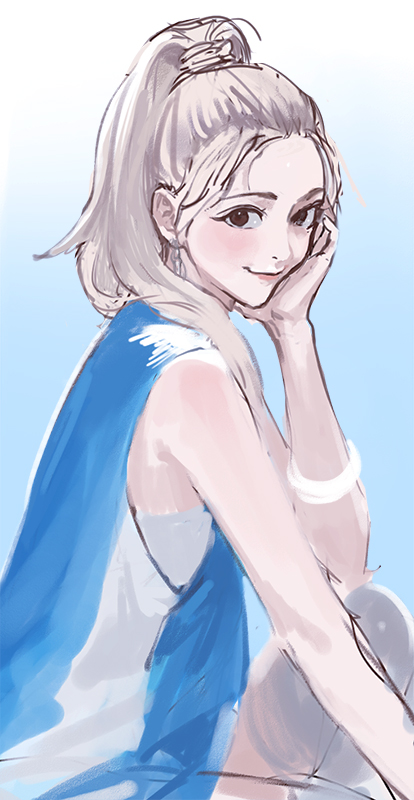 blonde_hair, blue_shirt, brown_eyes, commentary_request, earrings, itzy, jewelry, k-pop
