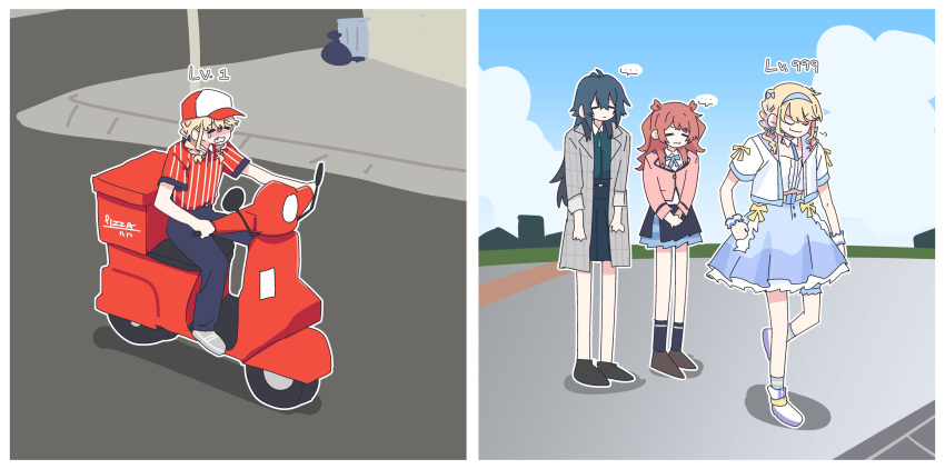 ..., 3girls, absurdres, antenna_hair, black_footwear, black_skirt, black_socks, blonde_hair, blue_pants, blue_skirt, blue_sky, braid, brown_footwear, brown_hair, closed_eyes, closed_mouth, clouds, coat, fangs, food_delivery_box, fujita_kotone, gakuen_idolmaster, gloom_(expression), green_eyes, green_shirt, grey_coat, grey_footwear, hair_between_eyes, hanami_saki, hat, hatsuboshi_gakuen_school_uniform, highres, idol_clothes, idolmaster, jacket, long_hair, long_sleeves, low_twin_braids, medium_hair, meme, motor_vehicle, multiple_girls, open_mouth, outdoors, pants, pink_jacket, red_hat, red_shirt, road, school_uniform, scooter, seal_007, shirt, short_sleeves, sidelocks, skirt, sky, smile, socks, spoken_ellipsis, street, tears, that's_how_mafia_works_(meme), tsukimura_temari, twin_braids, twintails, v-shaped_eyebrows, white_jacket