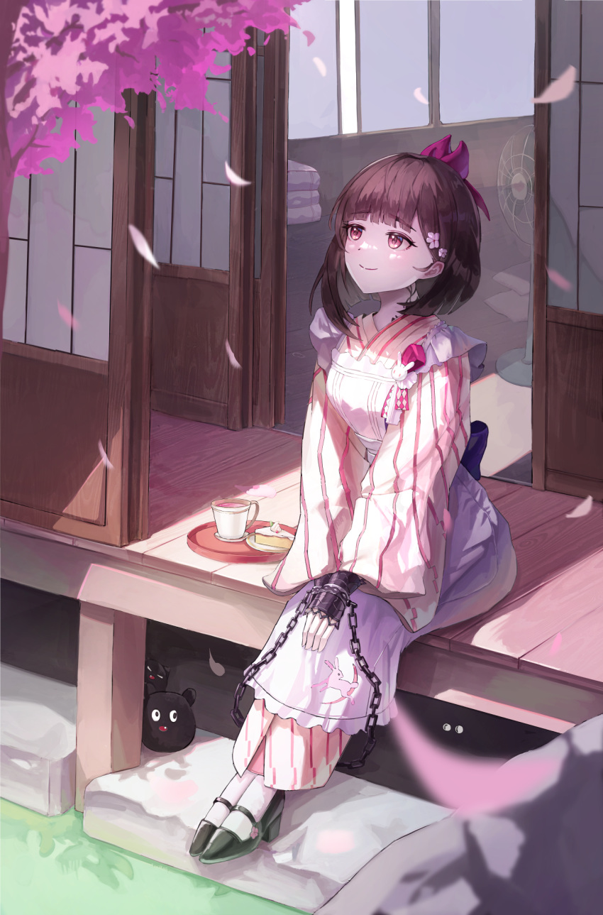 1girl, apron, architecture, black_footwear, blunt_bangs, bob_cut, bolcham, bow
