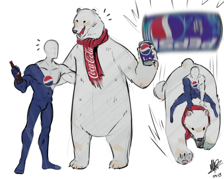 bear, bodysuit, bottle, can, coca-cola, geryghosty, highres, pepsi