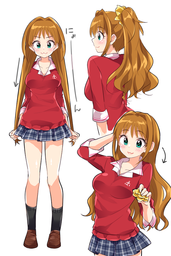 1girl, :3, alternate_hairstyle, arm_up, black_socks, blue_skirt, blush, breasts, brown_footwear, brown_hair, closed_mouth, collarbone, from_behind, full_body, green_eyes, hair_ornament, hair_scrunchie, high_ponytail, hino_akane_(idolmaster), holding, holding_own_hair, holding_scrunchie, idolmaster, idolmaster_cinderella_girls, idolmaster_cinderella_girls_starlight_stage, loafers, long_hair, long_sleeves, looking_at_another, looking_at_viewer, medium_breasts, miniskirt, multiple_views, plaid, plaid_skirt, pleated_skirt, pulling_own_hair, red_sweater, school_uniform, scrunchie, shoes, simple_background, skirt, sleeves_rolled_up, smile, socks, solo, standing, sweater, trente, v-shaped_eyebrows, white_background, yellow_scrunchie