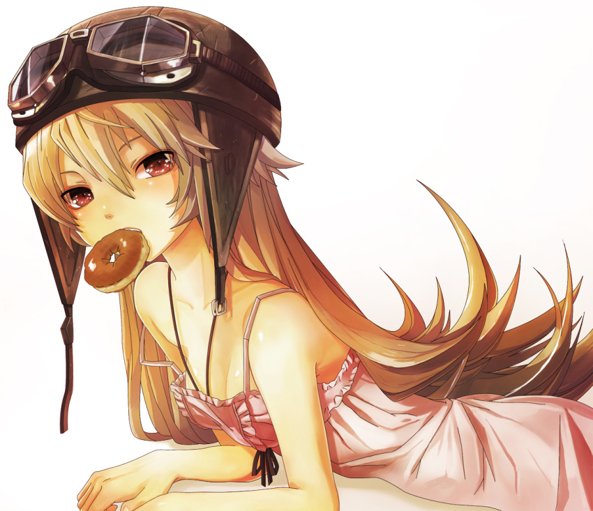 32_(mayama), bakemonogatari, bare_shoulders, bent_over, blonde_hair, breasts, cleavage, doughnut, dress, eating, food, goggles, goggles_on_head, hat, helmet, long_hair, monogatari_(series), mouth_hold, oshino_shinobu, red_eyes, solo, strap_slip, vampire