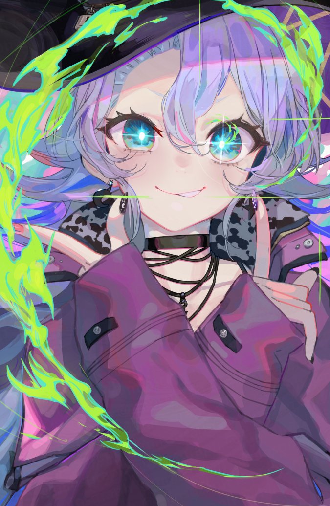 1girl, black_choker, black_hat, black_nails, blue_eyes, choker, crescent, crescent_earrings, earrings, fire, green_fire, grey_hair, hair_between_eyes, hat, jacket, jewelry, lock_hat_ornament, long_hair, magic, mins_(minevi), multicolored_hair, multicolored_nails, phase_connect, pink_hair, pink_nails, purple_jacket, purple_nails, shisui_michiru_(phase_connect), smile, solo, streaked_hair, upper_body, witch_hat