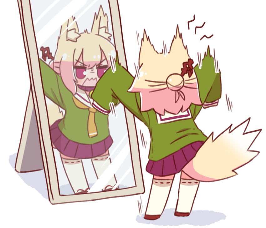1girl, animal_ears, arms_up, blonde_hair, brown_footwear, commentary_request, fox_ears, fox_girl