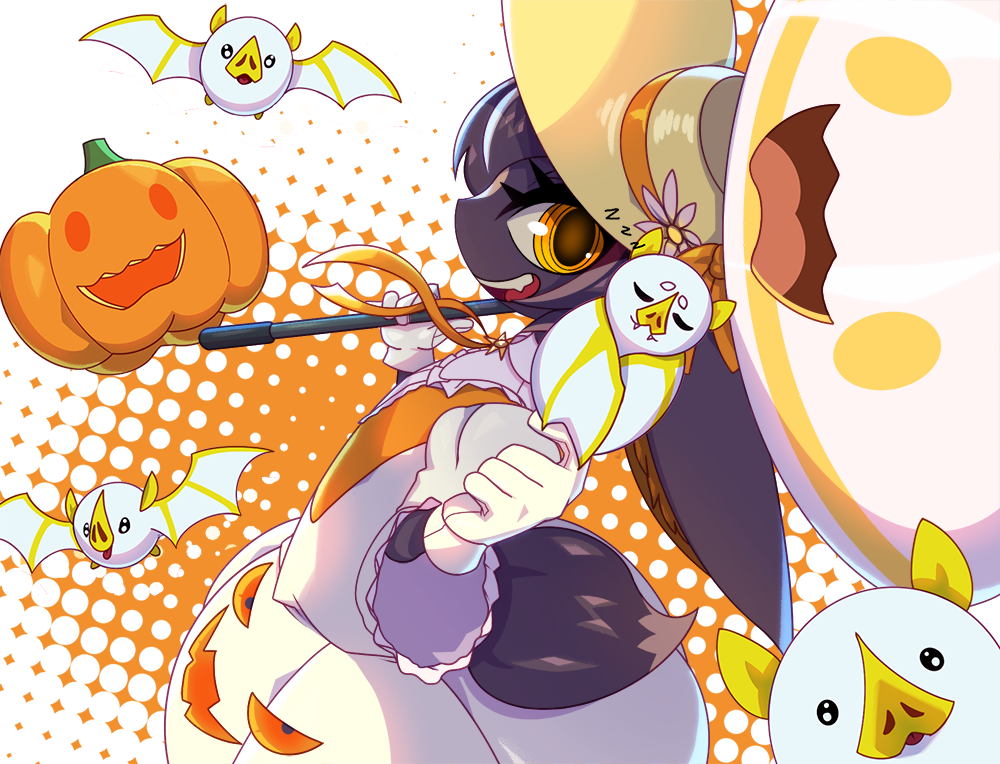 bat_(animal), blue_triangles, dakini, furry, gloves, hana_no_kishi_dakini, hat, hat_ribbon, jack-o'-lantern, multiple_tails, orange_ribbon, parasol, pumpkin_skirt, ribbon, straw_hat, sun_hat, tail, umbrella, white_gloves, yellow_eyes