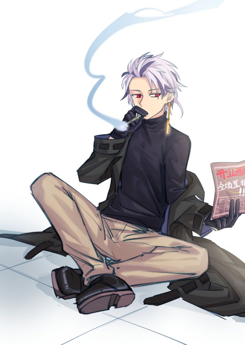1boy, black_coat, black_footwear, black_gloves, black_sweater, brown_pants, chinese_commentary, chinese_text