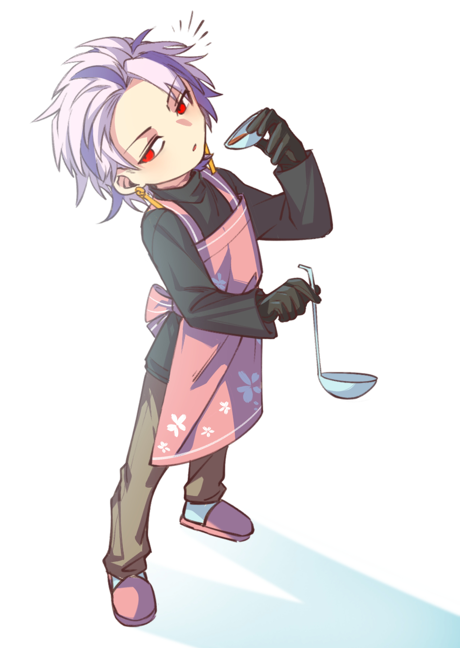 1boy, apron, black_gloves, black_sweater, bowl, brown_pants, chinese_commentary, commentary_request