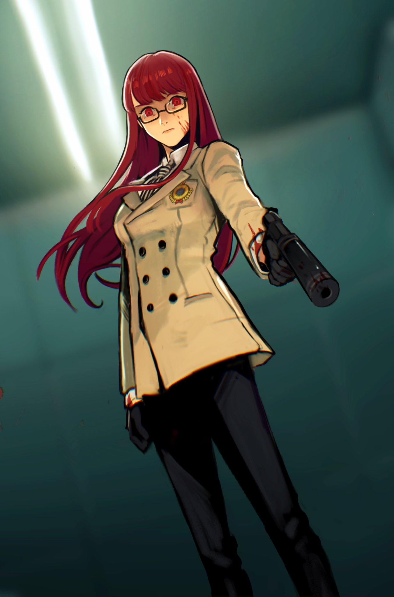 1boy, akechi_gorou, akechi_gorou_(cosplay), black_gloves, black_pants, blood, blood_on_face, brown_jacket, cosplay, from_below, glass, gloves, gun, handgun, highres, jacket, long_hair, looking_at_viewer, necktie, pants, persona, persona_5, persona_5_the_royal, red_eyes, redhead, semi-rimless_eyewear, sethkiel, suppressor, weapon, yoshizawa_sumire