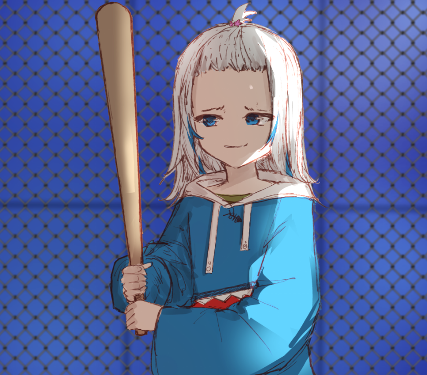 1girl, advarcher, baseball_bat, blue_background, blue_eyes, blue_hair, blue_hoodie, chain-link_fence