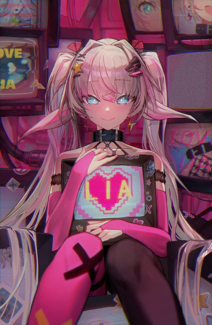 aqua_eyes, armband, asymmetrical_legwear, black_armband, black_collar, black_thighhighs, blonde_hair, bridal_gauntlets, choppy_bangs, collar, cropped_legs, earrings, hair_ornament, holding_monitor, jewelry, lightning_bolt_earrings, lightning_bolt_symbol, long_hair, looking_at_viewer, mins_(minevi), monitor, multicolored_hair, phase_connect, pink_bridal_gauntlets, pink_hair, pink_nails, pink_thighhighs, rinkou_ashelia, sidelocks, sitting, streaked_hair, thigh-highs, twintails, two-tone_hair, very_long_hair, virtual_youtuber