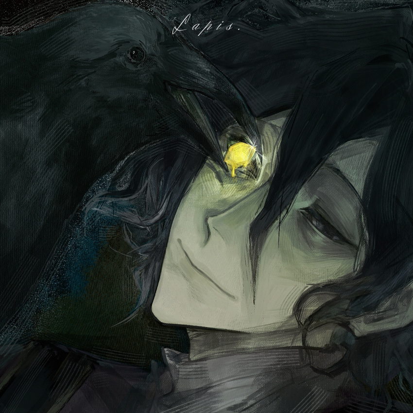1boy, bird, black_eyes, black_hair, chinese_commentary, closed_mouth, commentary_request, crow, english_text, gem, hair_between_eyes, highres, long_bangs, male_focus, pale_skin, portrait, saibou_shinkyoku, shirt, short_hair, smile, solo, sputniklover-1, utsugi_noriyuki, white_shirt
