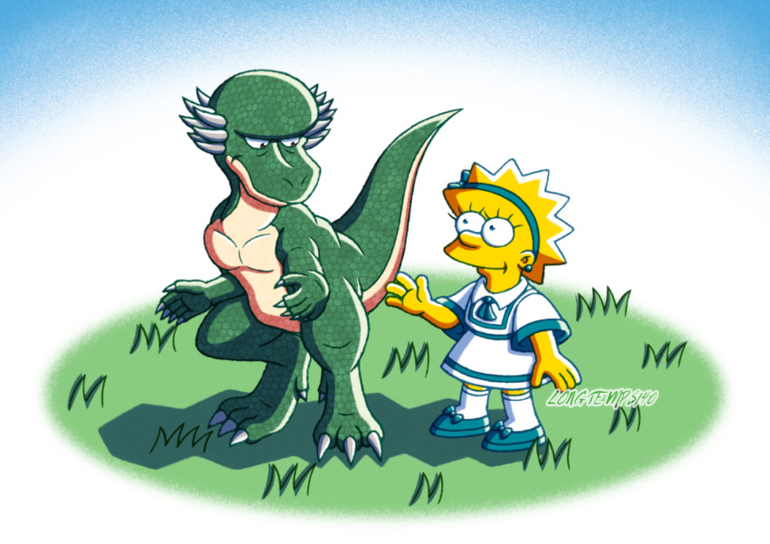1girl, animalization, artist_name, blonde_hair, cecilia_nuthatch, colored_skin, dinosaur, earrings, fusion, grass, headband, jewelry, lisa_simpson, longtemps140, montgomery_burns, pachycephalosaurus, school_uniform, shirt, socks, spiky_hair, standing, the_simpsons, voice_actor_connection, we're_back_a_dinosaur's_story, white_shirt, yellow_skin