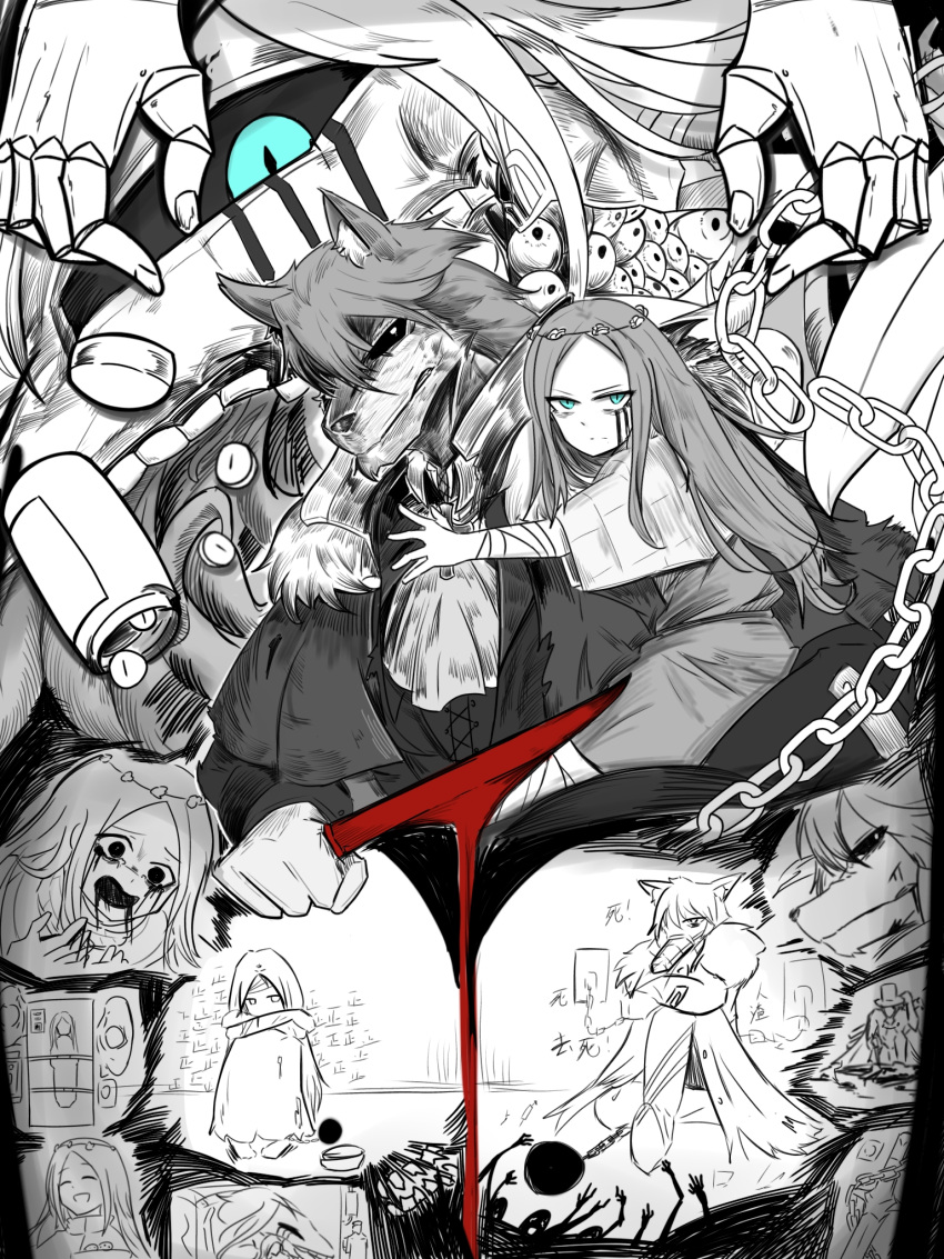 1boy, 1girl, ball_and_chain_restraint, black_souls, blood, blood_from_eyes, blood_from_mouth, blood_on_knife, blue_eyes, chain, edith_(black_souls), greyscale, highres, jack_(black_souls), knife, monochrome, operating_table, pill, pill_bottle, spot_color, table, tally, tierbis