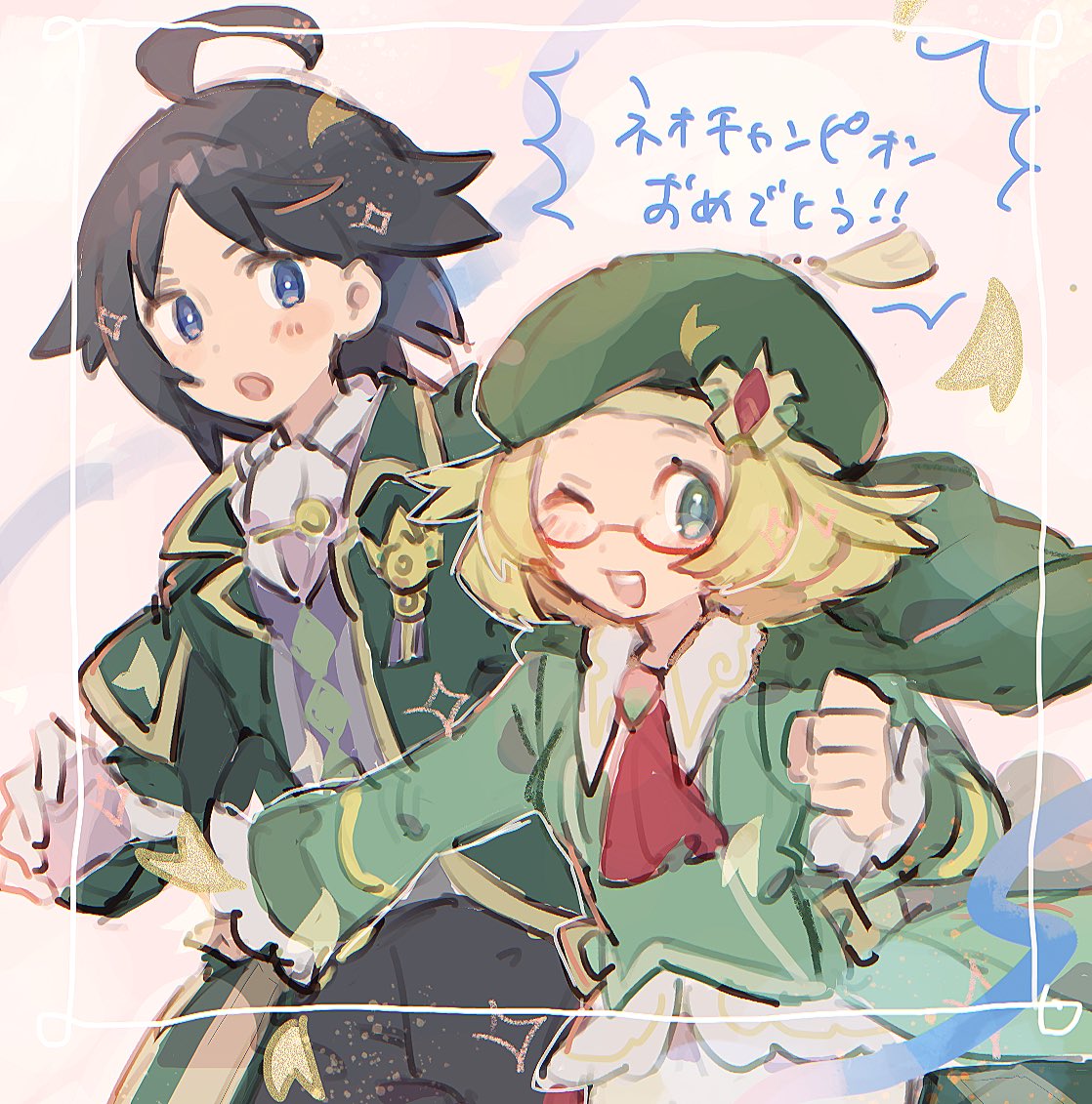 1boy, 1girl, :o, ;d, ahoge, beret, bianca_(champion)_(pokemon), bianca_(pokemon)
