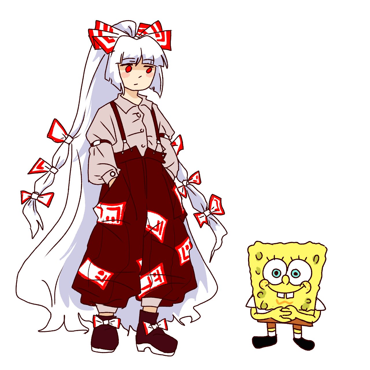 1boy, 1girl, blue_eyes, bow, buck_teeth, closed_mouth, collared_shirt, fujiwara_no_mokou