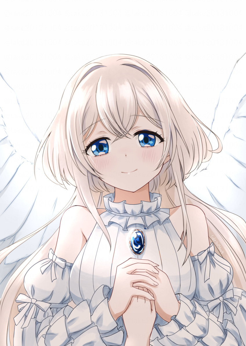 1girl, absurdres, angel, angel_wings, bare_shoulders, blue_eyes, blue_gemstone, brooch