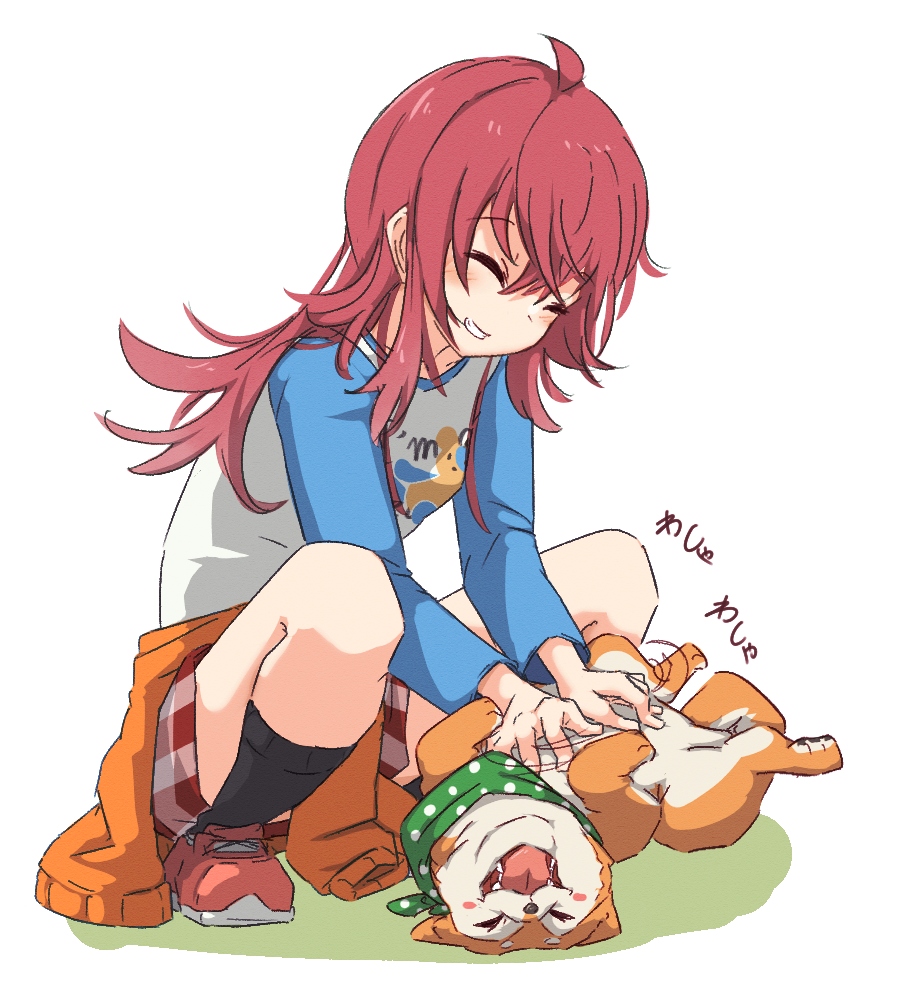 1girl, ^_^, azure_blue_t-shirt, blue_t-shirt, blush, cardigan, cardigan_around_waist, closed_eyes