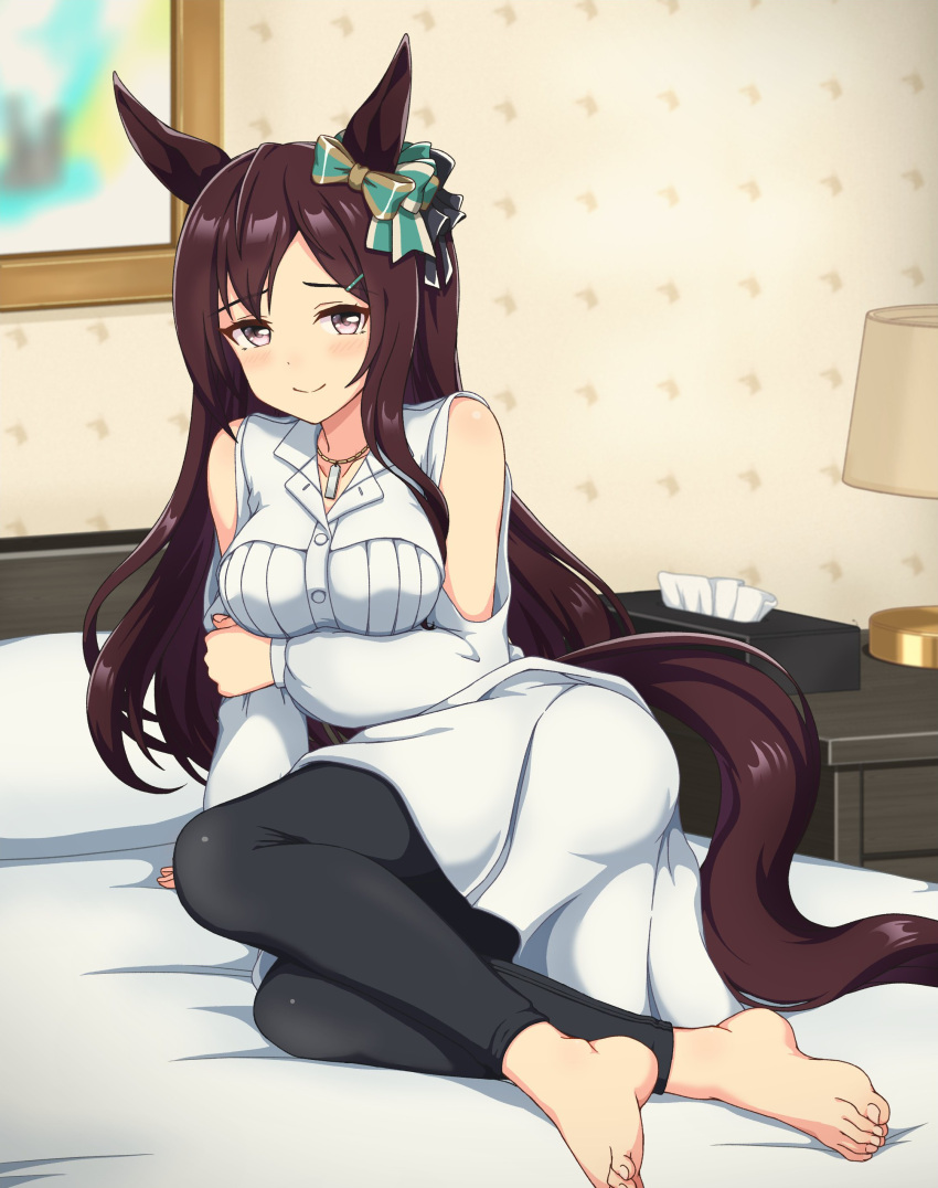 1girl, absurdres, animal_ears, bed, black_hair, blush, breasts, casual