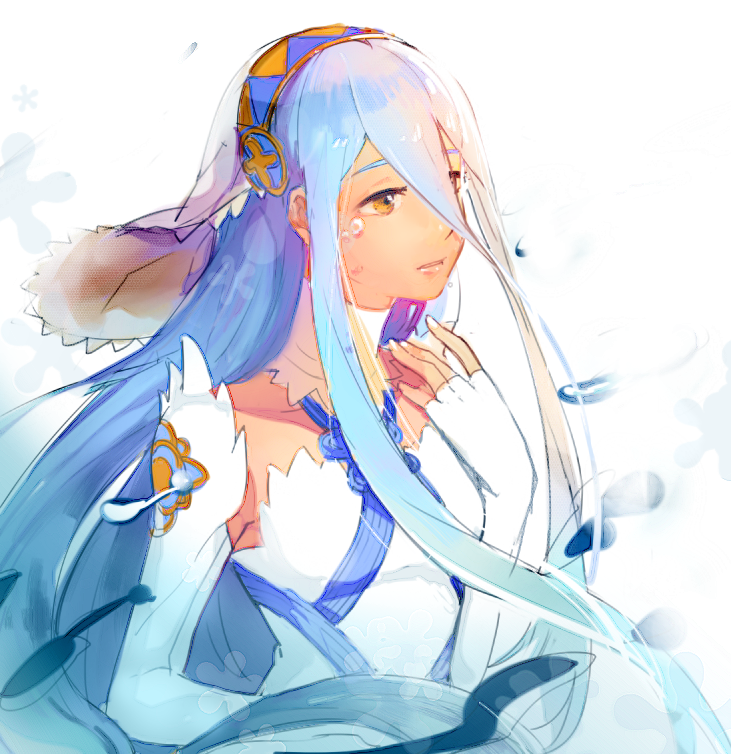 1girl, azura_(fire_emblem), bk-love, blue_hair, commentary_request, detached_collar, detached_sleeves, dress