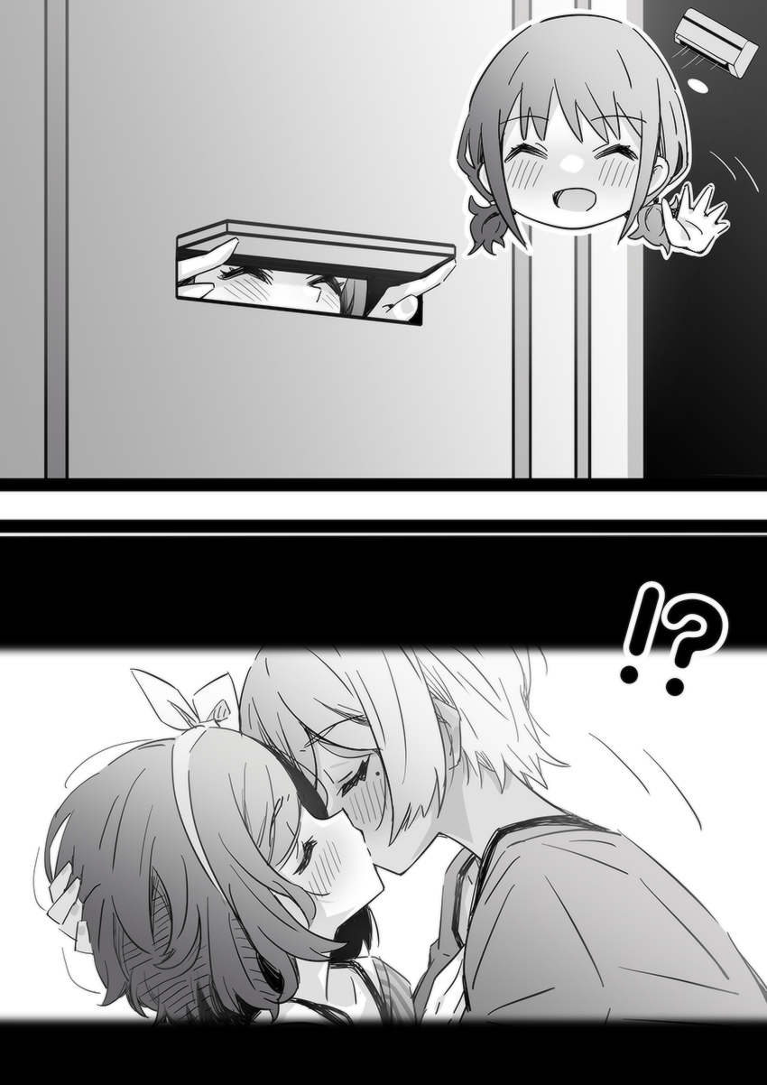 3girls, blush, bow_hairband, closed_eyes, commentary, ebizuka_tomo, girls_band_cry, greyscale, hairband, highres, iseri_nina, kiss, lwmina70119, medium_hair, mole, mole_under_eye, monochrome, multiple_girls, open_mouth, rupa_(girls_band_cry), short_hair, short_twintails, smile, twintails, waving, yuri