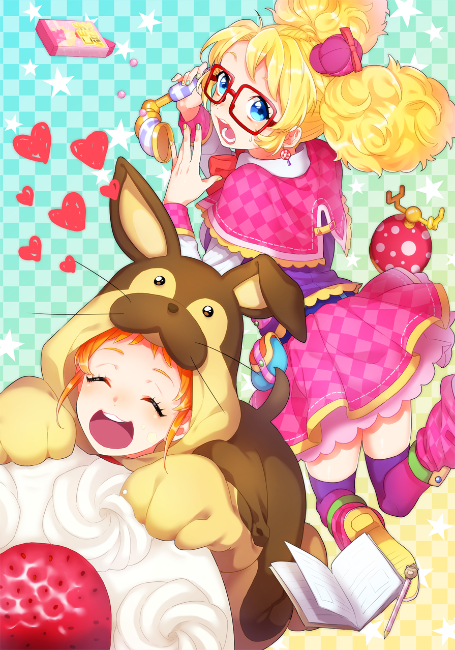 2girls, afro_puffs, aikatsu!, aikatsu!_(series), animal_costume, antique_phone, arisugawa_otome, blonde_hair