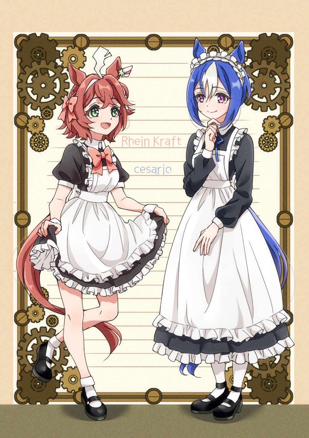 2girls, ahoge, alternate_costume, animal_ears, blue_hair, blush, breasts, cesario_(umamusume)