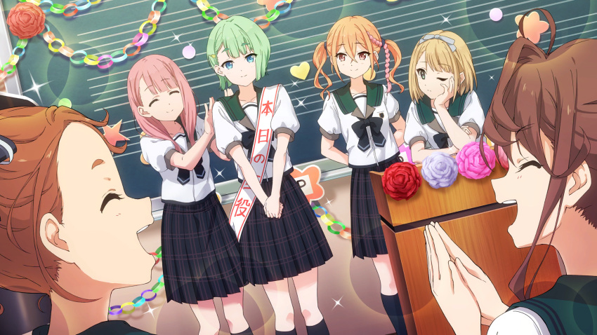 22/7, 22/7_ongaku_no_jikan, 6+girls, birthday, black_skirt, black_socks, blonde_hair, blue_eyes