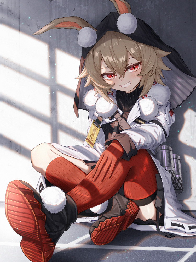 1girl, animal_ear_fluff, animal_ears, arknights, brown_hair, caper_(arknights), day, ears_through_hood, gloves, grin, hand_on_own_leg, hood, hood_up, id_card, indoors, jacket, kneehighs, looking_at_viewer, pom_pom_(clothes), rabbit_ears, rabbit_girl, red_eyes, red_gloves, red_socks, red_thighhighs, shironekoban, sidelighting, sitting, smile, socks, solo, sunlight, thigh-highs, white_jacket