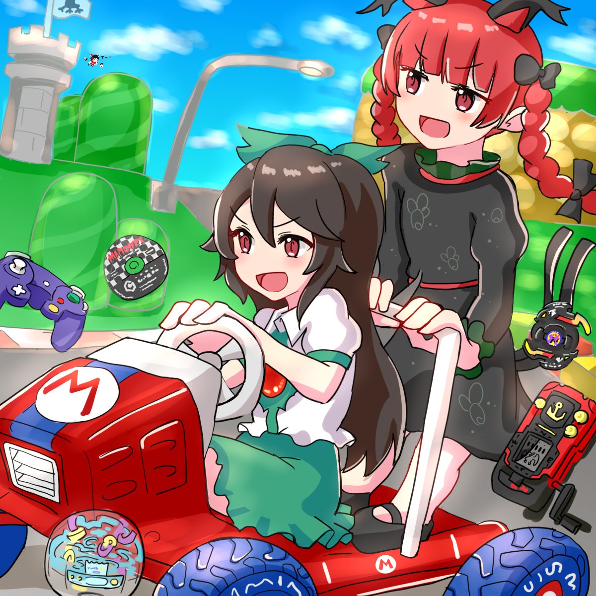 2girls, animal_ears, beyblade, black_dress, black_footwear, black_hair, bow, braid
