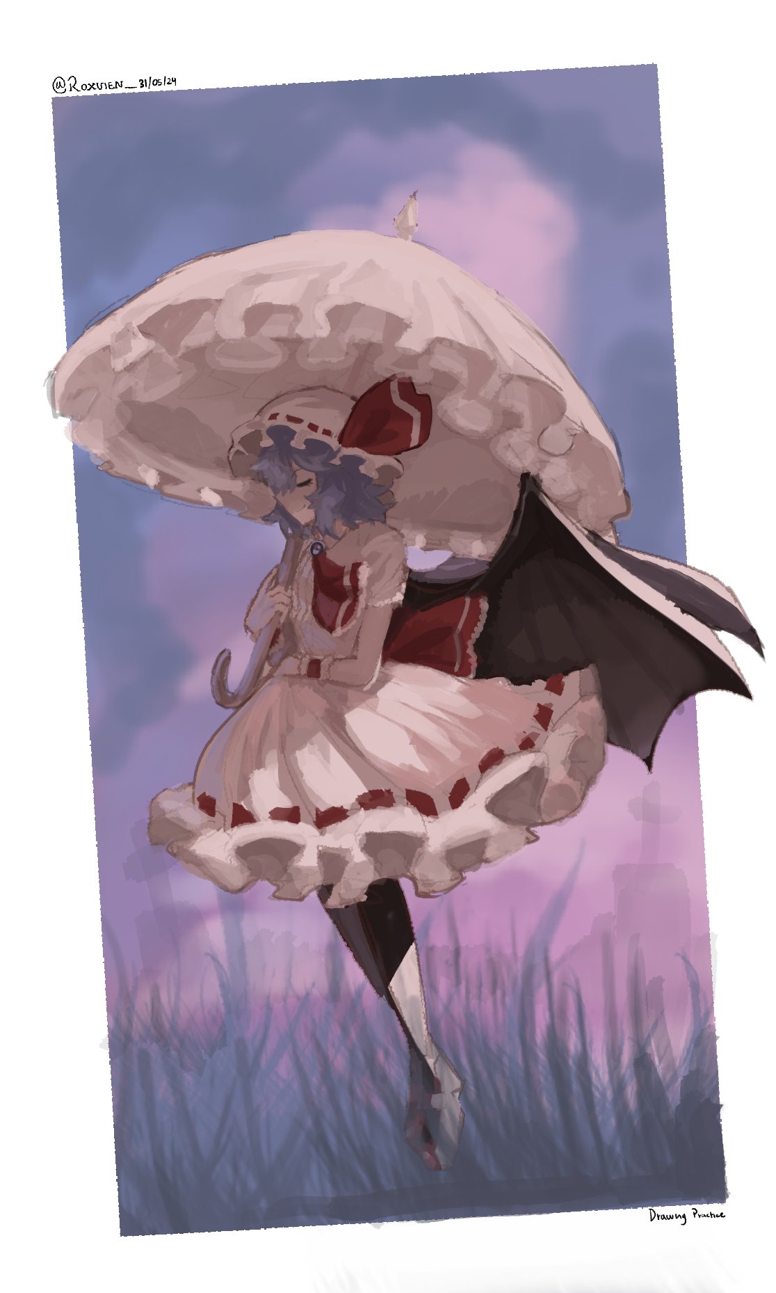 1girl, bat_wings, commentary, english_commentary, full_body, grass, hair_ribbon, hat