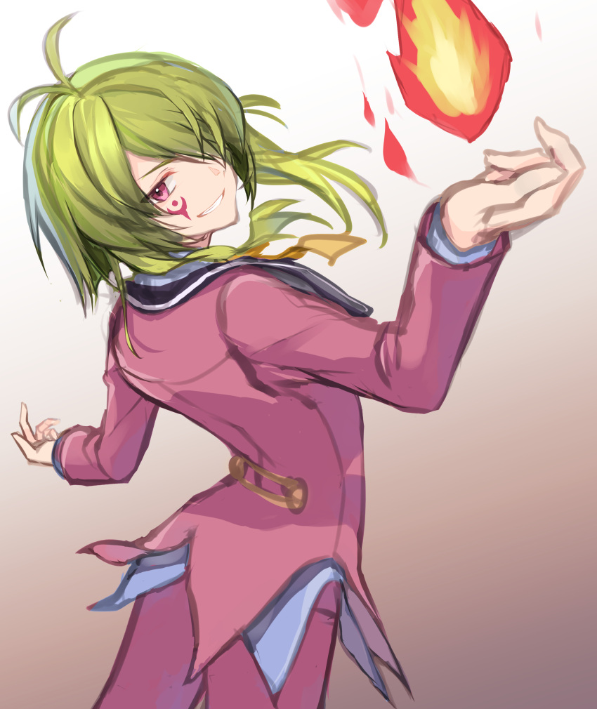 1boy, absurdres, ahoge, campanella_(eiyuu_densetsu), eiyuu_densetsu, facial_tattoo, fire, floating_hair