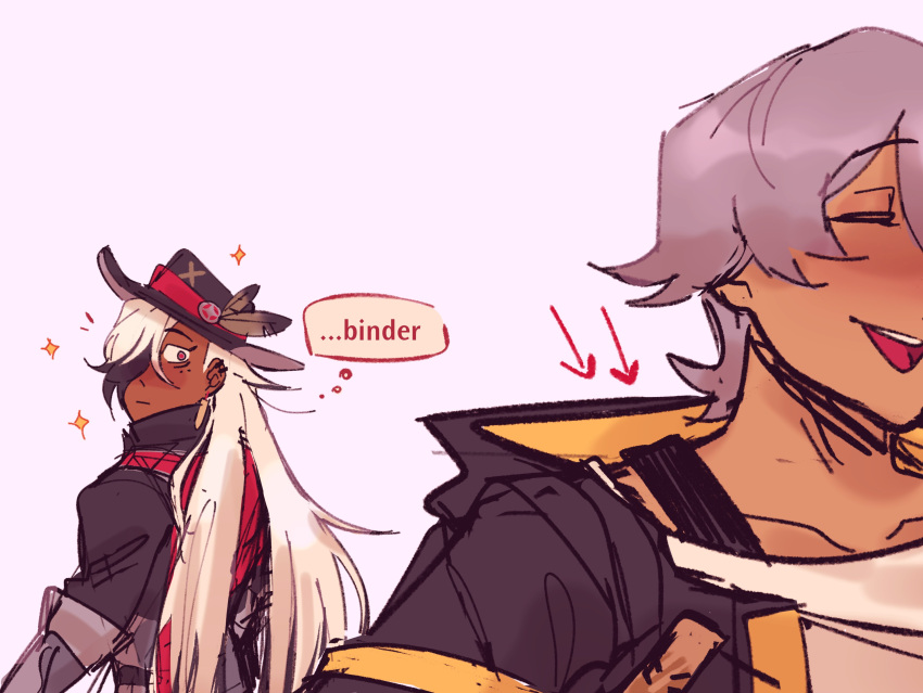 2boys, absurdres, alternate_skin_color, black_hat, black_jacket, boothill_(honkai:_star_rail), caelus_(honkai:_star_rail), chest_binder