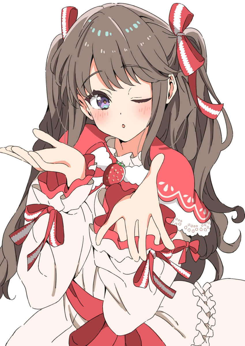 1girl, ;o, blowing_kiss, blush, brown_hair, capelet, commentary, djpwjd1, dress, frilled_dress, frills, fujishima_megumi, hair_ribbon, highres, link!_like!_love_live!, long_hair, long_sleeves, looking_at_viewer, love_live!, official_alternate_costume, one_eye_closed, petit_patissier_(love_live!), red_capelet, red_ribbon, ribbon, simple_background, solo, strawberry_brooch, striped_ribbon, symbol-only_commentary, two_side_up, upper_body, violet_eyes, virtual_youtuber, white_background, white_dress