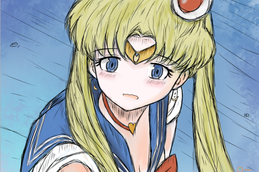1girl, blonde_hair, blue_background, blue_eyes, blue_sailor_collar, blush, bow, bowtie