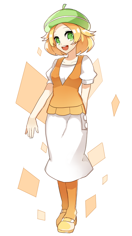 1girl, arm_behind_back, bianca_(pokemon), blonde_hair, collarbone, eyelashes, full_body, green_eyes, green_hat, hat, open_mouth, orange_pantyhose, orange_vest, pantyhose, pokemon, pokemon_bw, sakuraihum, shirt, skirt, solo, vest, white_shirt, white_skirt, yellow_footwear