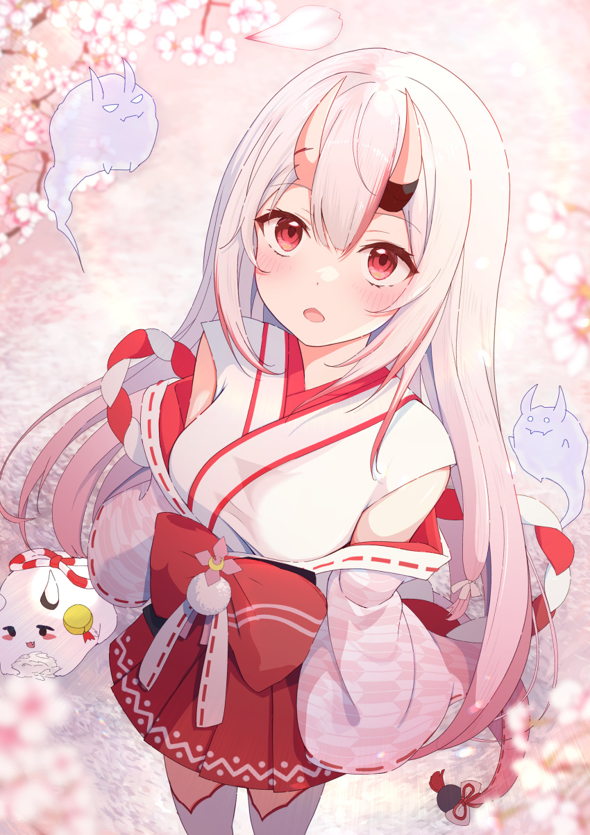 1girl, absurdres, blurry, blush, cherry_blossoms, commentary_request, depth_of_field, detached_sleeves
