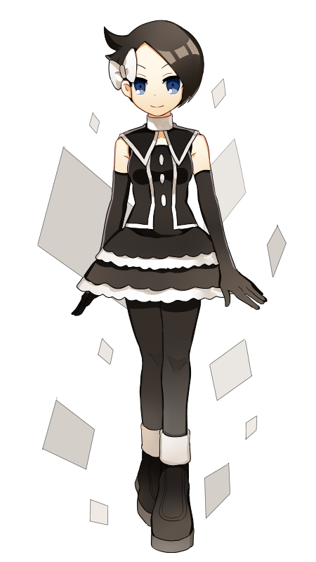 1girl, black_dress, black_footwear, black_gloves, black_hair, black_pantyhose, blue_eyes, bow