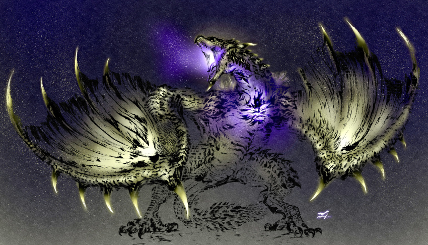 absurdres, chin_spike, deadpool_yuchan, dragon, dragon_horns, full_body, glowing, glowing_chest